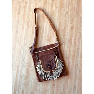 Vintage Hand Tooled Leather Saddle Bag with Fringe